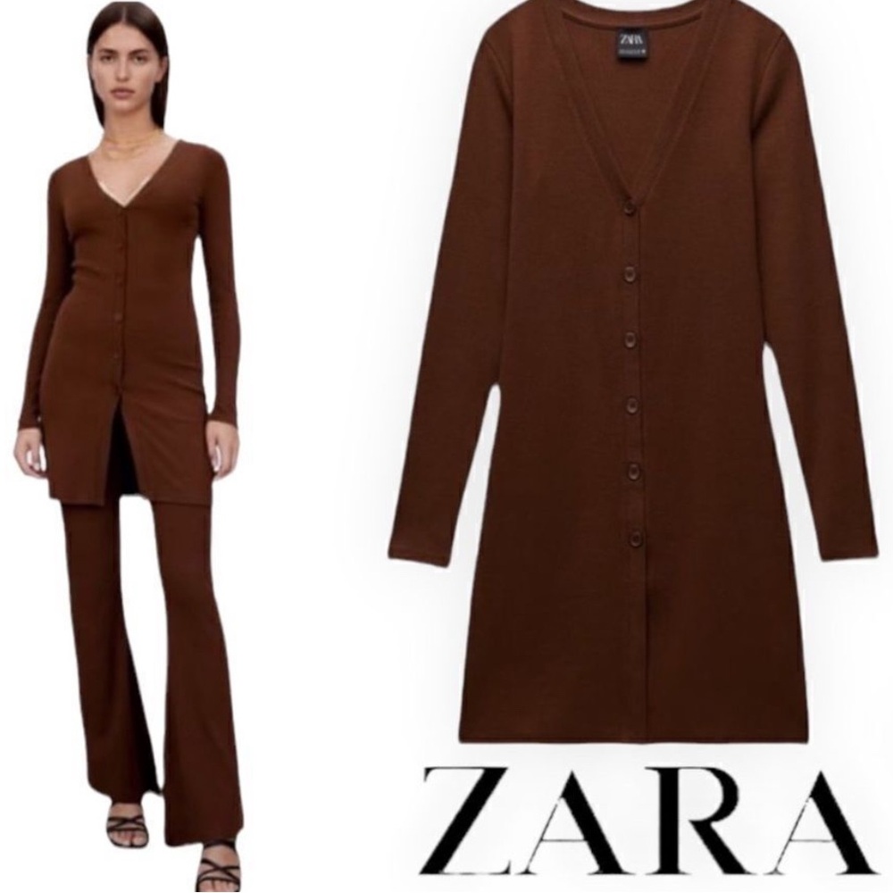 Zara Brown Knit Pants and Cardigan Set